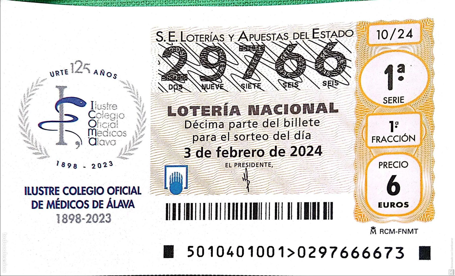 Nationale spanische Lotterie: Espa&ntilde;a. Loter&iacute;a. 2024. Sorteo: 10 Ilustre Colegio Oficial de M&eacute;dicos de &Aacute;lava 1898/2023. Fecha: 3 fe
