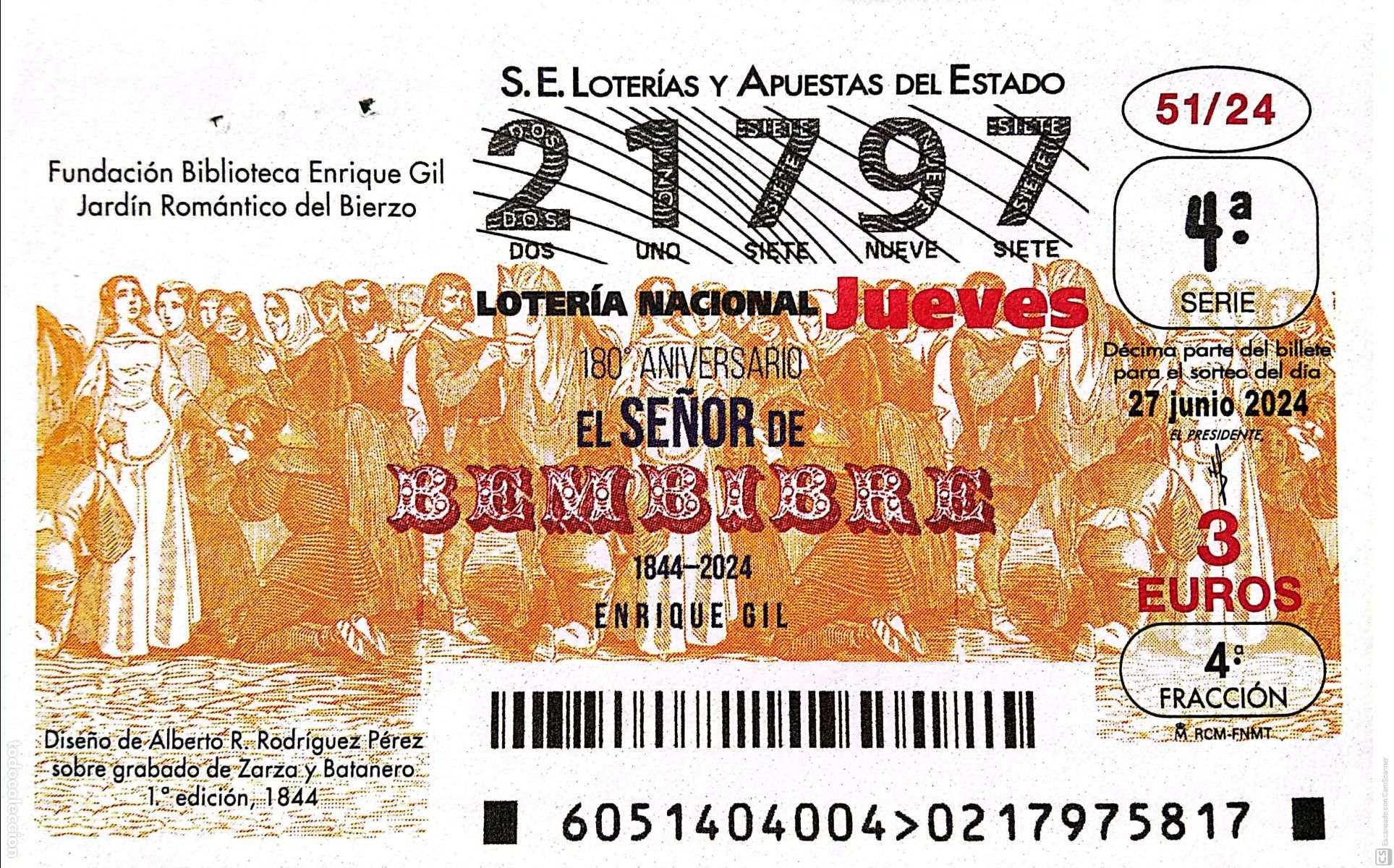 Nationale spanische Lotterie: Espa&ntilde;a. Loter&iacute;a. 2024. Sorteo: 51 180 Aniversario El Se&ntilde;or de Bembibre. Fundaci&oacute;n Biblioteca Enrique