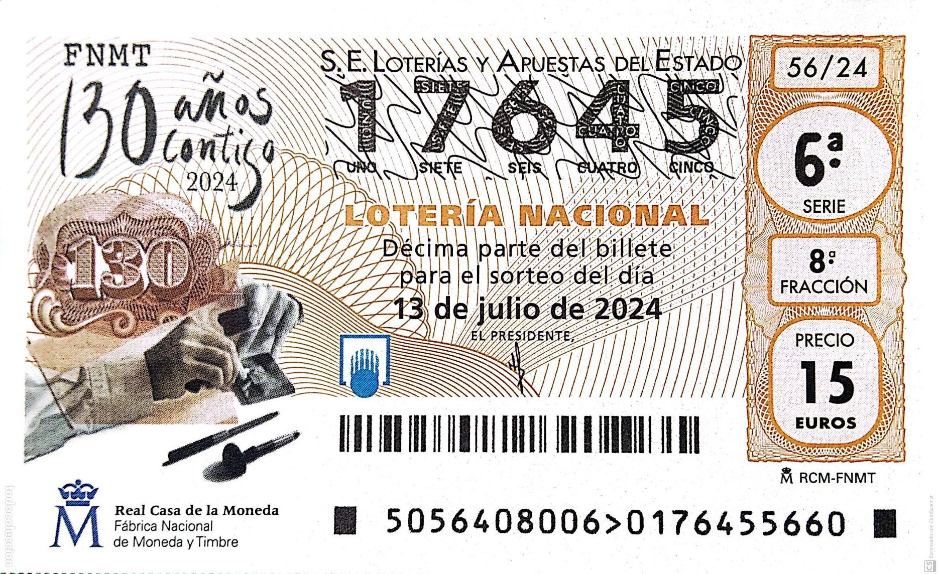 Nationale spanische Lotterie: Espa&ntilde;a. Loter&iacute;a. 2024. Sorteo: 56 130 A&ntilde;os contigo. Real Casa de la Moneda. F&aacute;brica Nacional de Mone