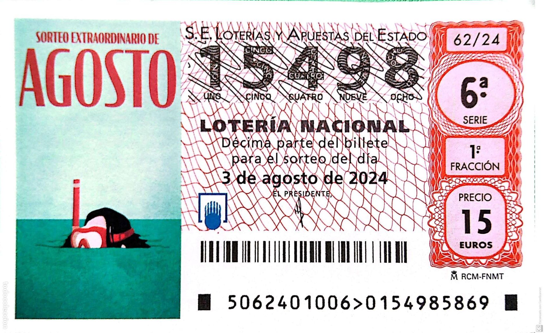 Nationale spanische Lotterie: Espa&ntilde;a. Loter&iacute;a. 2024. Sorteo: 62 Sorteo Extraordinario de Agosto. Fecha: 3 agosto.
