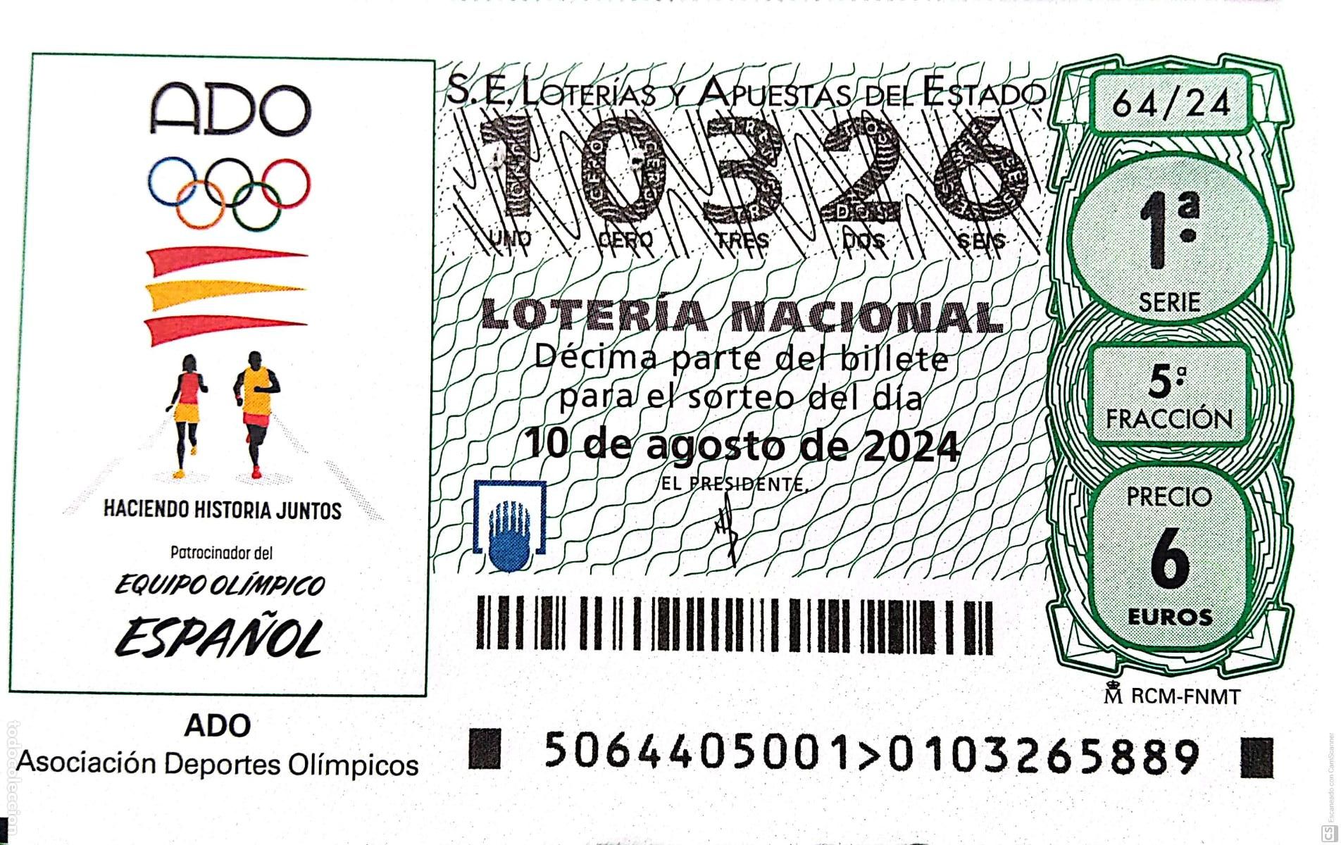 Nationale spanische Lotterie: Espa&ntilde;a. Loter&iacute;a. 2024. Sorteo: 64 ADO Haciendo Historia Juntos. Asociaci&oacute;n Deportes Ol&iacute;mpicos. Fecha