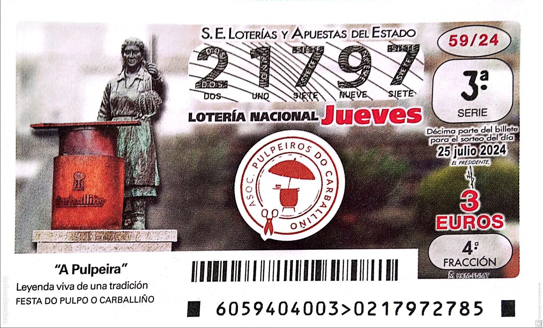 Nationale spanische Lotterie: Espa&ntilde;a. Loter&iacute;a. 2024. Sorteo: 59 A Pulpeira. Leyenda viva de una tradici&oacute;n Festa do Pulpo o Carball
