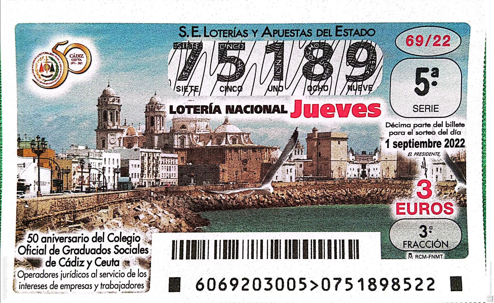 Nationale spanische Lotterie: Espa&ntilde;a. Loter&iacute;a. 2022. Sorteo: 69 Aniversario Colegio Oficial de Graduados Sociales de C&aacute;diz y Ceuta