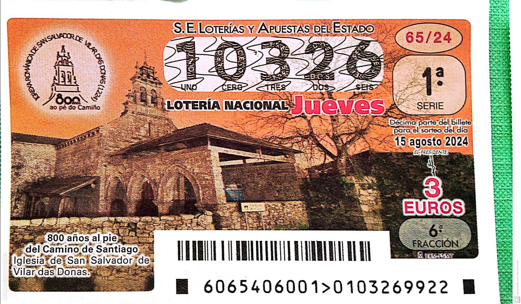 Nationale spanische Lotterie: Espa&ntilde;a. Loter&iacute;a. 2024. Sorteo: 65 Iglesia de San Salvador de Vilar das Donas. 800 a&ntilde;os al pie del Ca