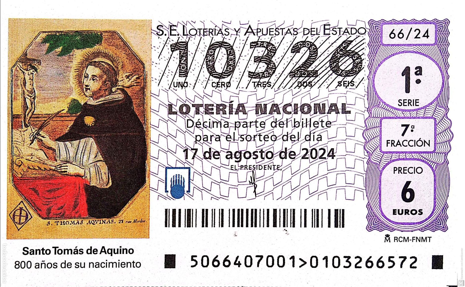 Nationale spanische Lotterie: Espa&ntilde;a. Loter&iacute;a. 2024. Sorteo: 66 Santo Tom&aacute;s de Aquino. 800 a&ntilde;os de su nacimiento. Fecha: 17 agosto