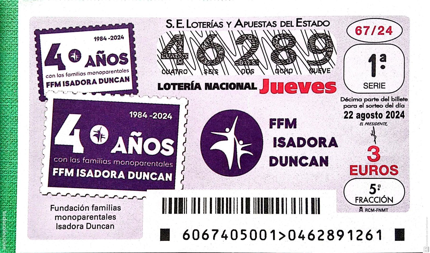 National Spanish Lottery: Espa&ntilde;a. Loter&iacute;a. 2024. Sorteo: 67 Fundaci&oacute;n familias monoparentales Isadora Duncan. Fecha: 22 agosto
