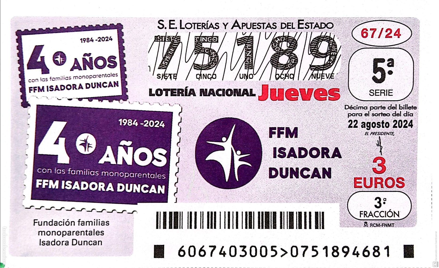 National Spanish Lottery: Espa&ntilde;a. Loter&iacute;a. 2024. Sorteo: 67 Fundaci&oacute;n familias monoparentales Isadora Duncan. Fecha: 22 agosto