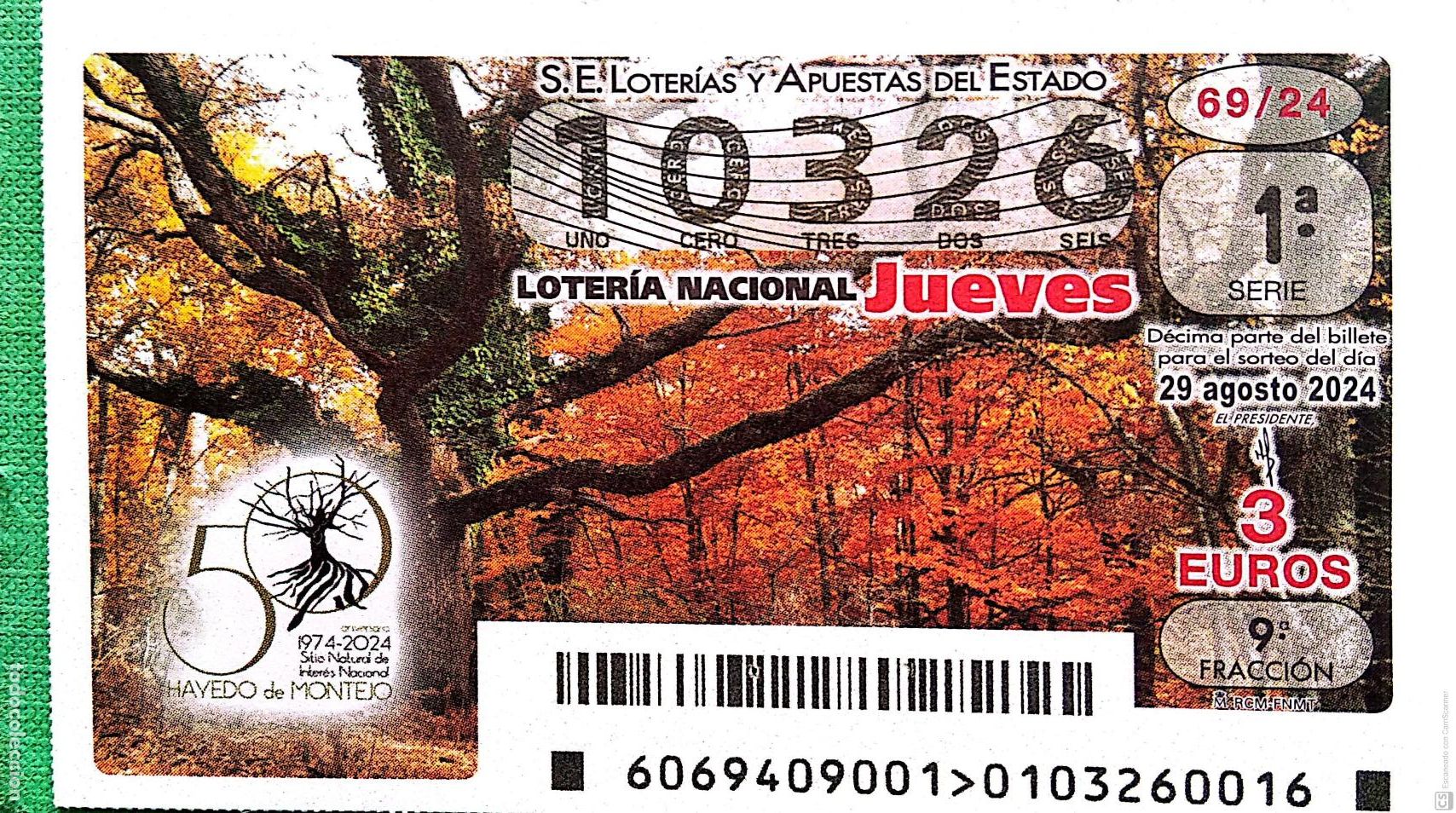 National Spanish Lottery: Espa&ntilde;a. Loter&iacute;a. 2024. Sorteo: 69 Hayedo de Montejo. Sitio Natural de inter&eacute;s Nacional. Fecha: 29 a