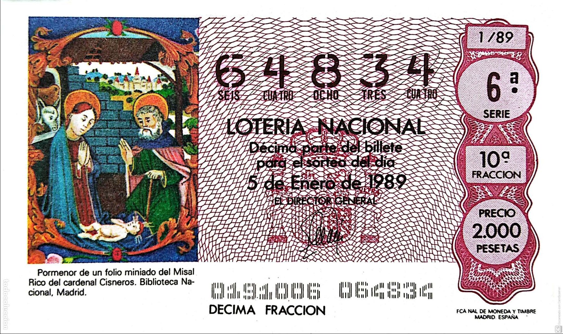 Loter&iacute;a Nacional: Espa&ntilde;a. Loter&iacute;a. 1989. Sorteo: 1 Misal Rico del cardenal Cisneros. Biblioteca Nacional, Madrid. Fec