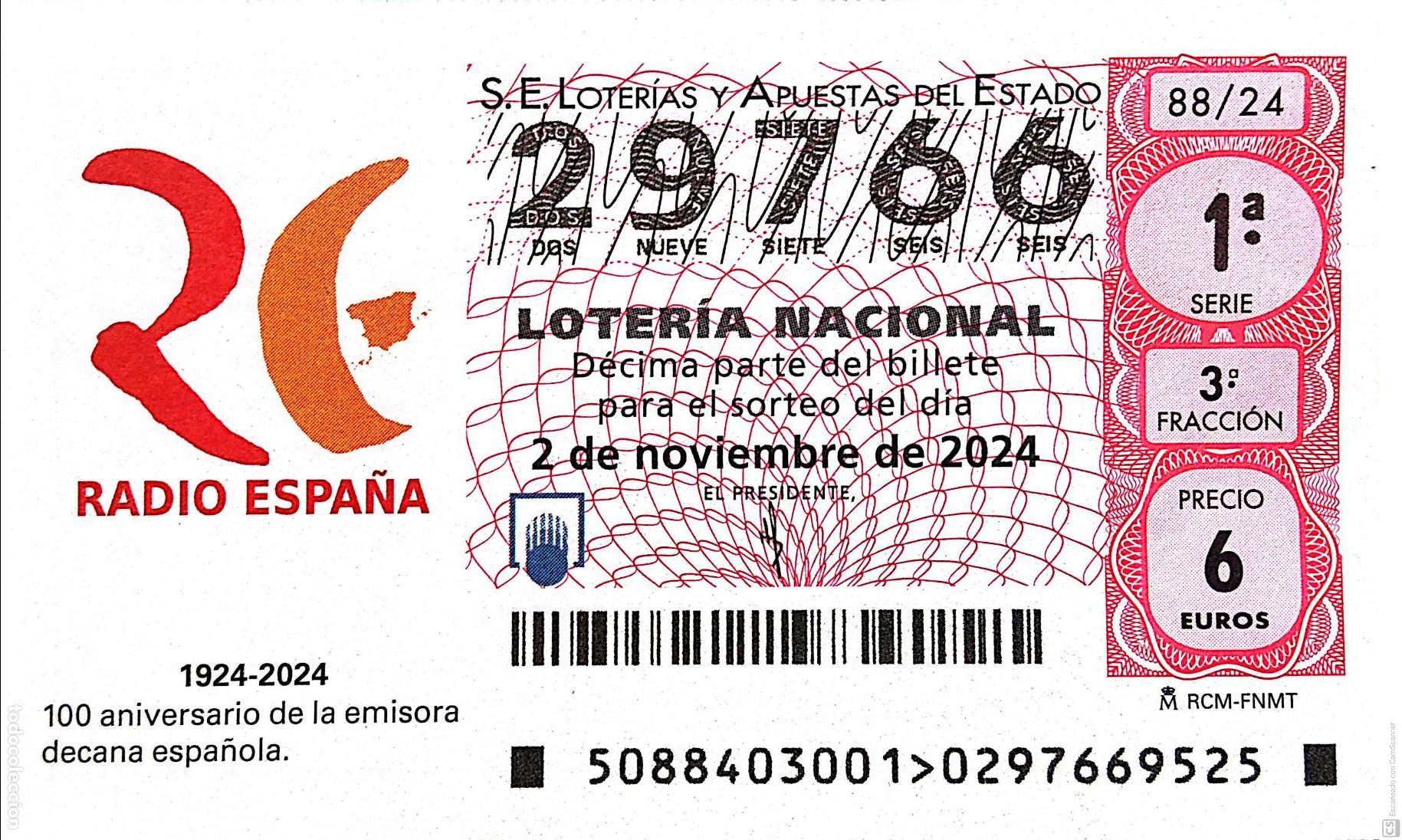 National Spanish Lottery: Espa&ntilde;a. Loter&iacute;a. 2024. Sorteo: 88 Aniversario de la emisora decana espa&ntilde;ola Radio Espa&ntilde;a. Fecha: 2 n