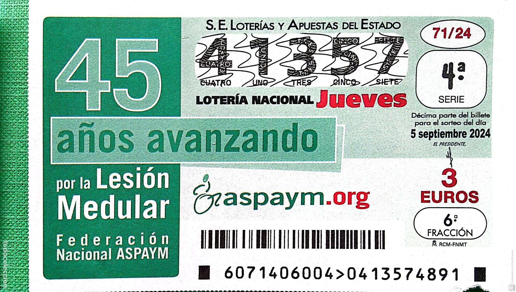 National Spanish Lottery: Espa&ntilde;a. Loter&iacute;a. 2024. Sorteo: 71 45 a&ntilde;os avanzando por la lesi&oacute;n Medular. Fecha: 5 septiembre