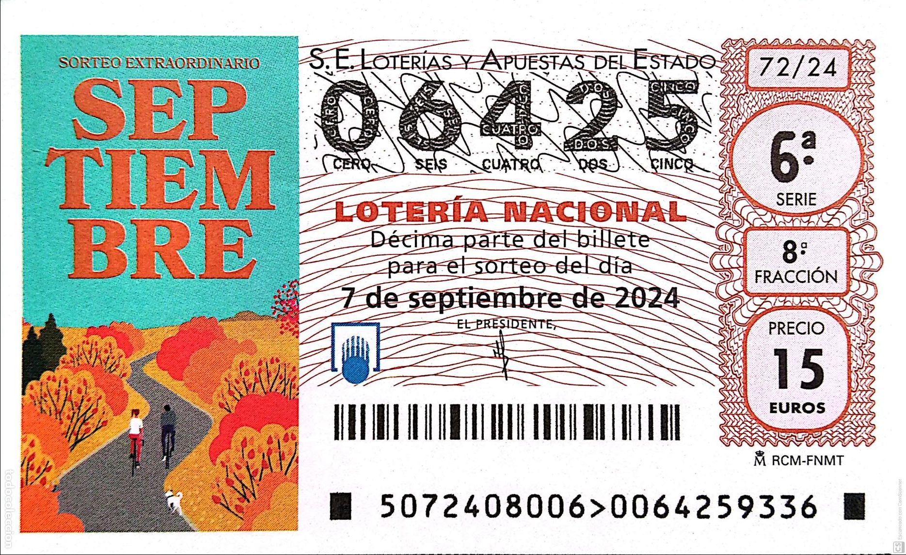 National Spanish Lottery: Espa&ntilde;a. Loter&iacute;a. 2024. Sorteo: 72 Sorteo Extraordinario Septiembre. Fecha: 7 septiembre