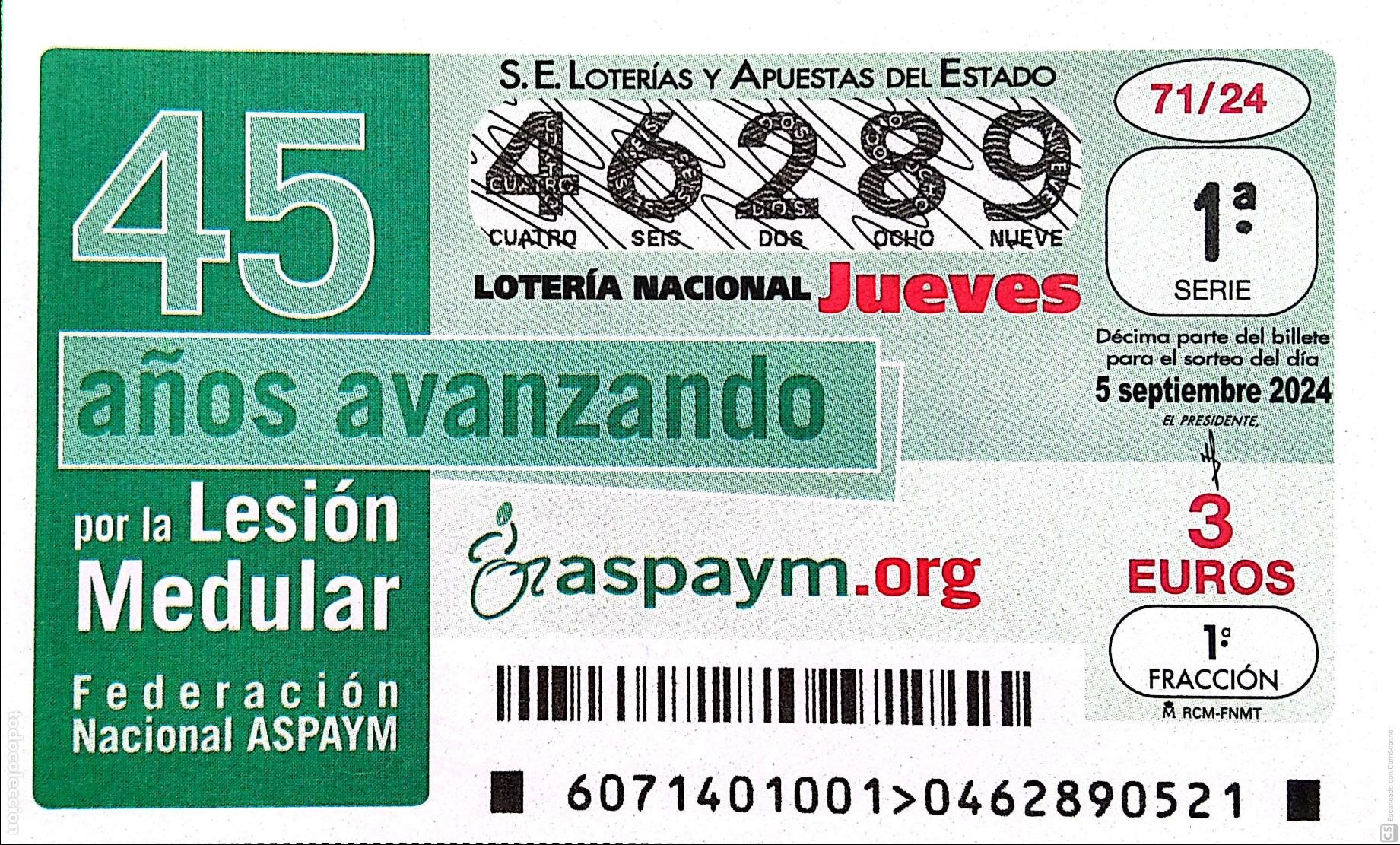 National Spanish Lottery: Espa&ntilde;a. Loter&iacute;a. 2024. Sorteo: 71 45 a&ntilde;os avanzando por la lesi&oacute;n Medular. Fecha: 5 septiembre