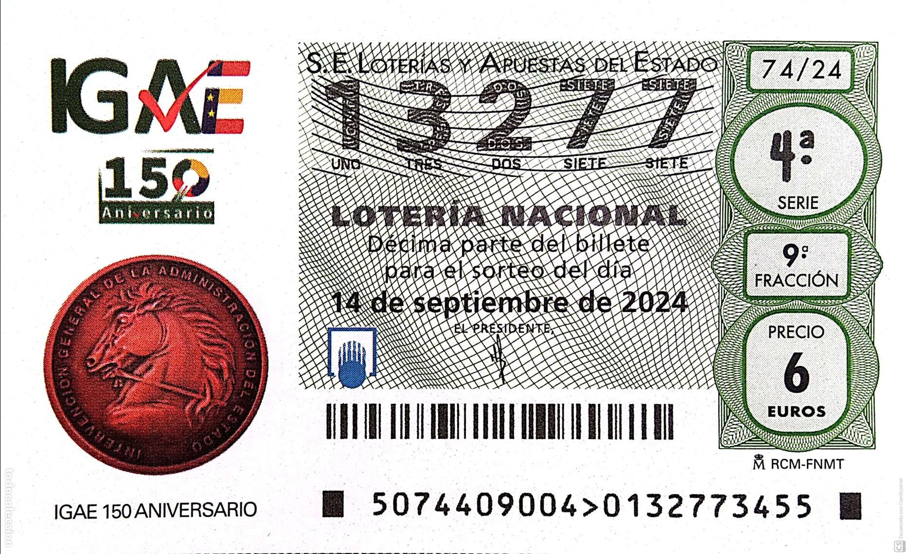 National Spanish Lottery: Espa&ntilde;a. Loter&iacute;a. 2024. Sorteo: 74 IGAE 150 Aniversario. Fecha: 14 septiembre