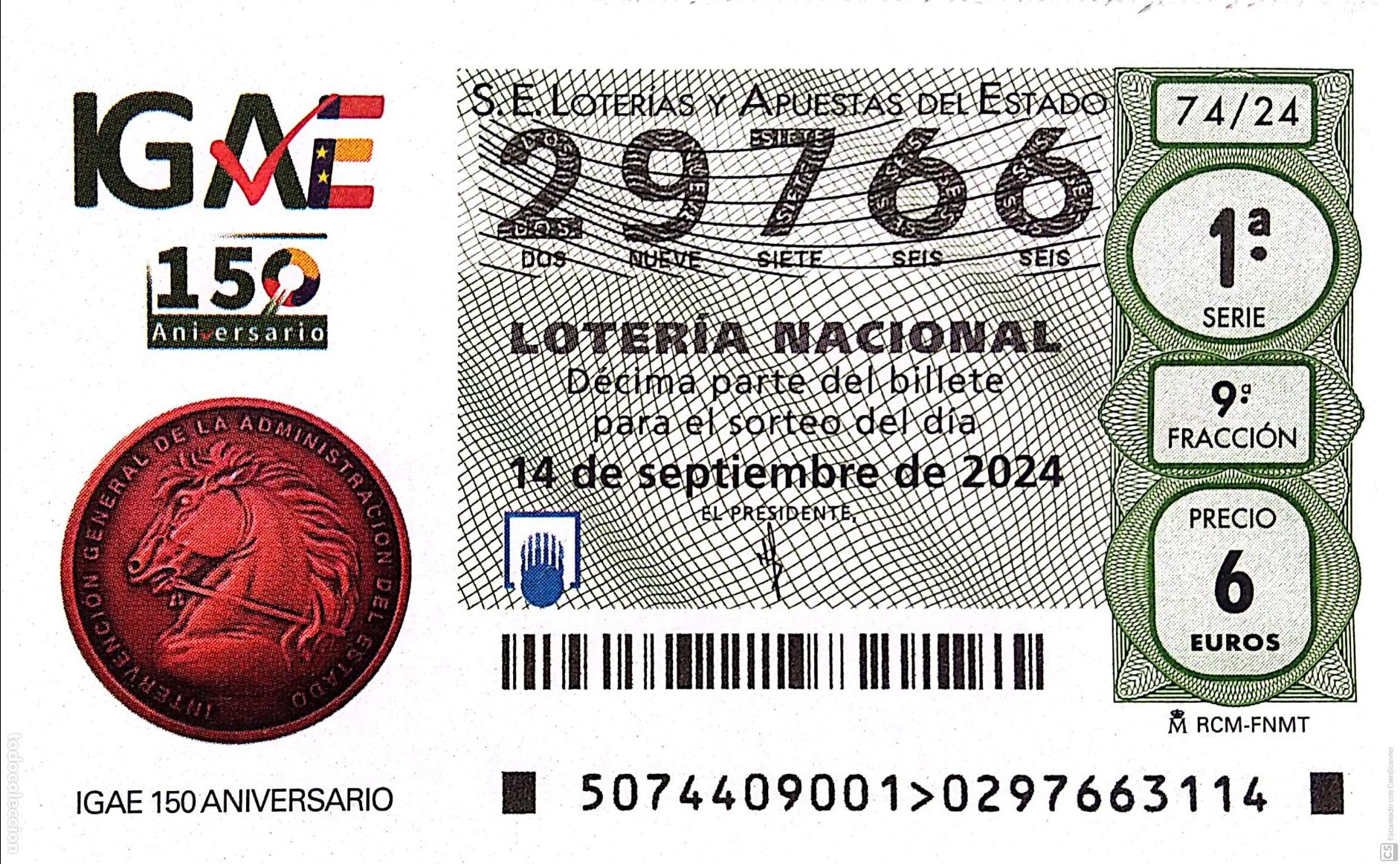 National Spanish Lottery: Espa&ntilde;a. Loter&iacute;a. 2024. Sorteo: 74 IGAE 150 Aniversario. Fecha: 14 septiembre