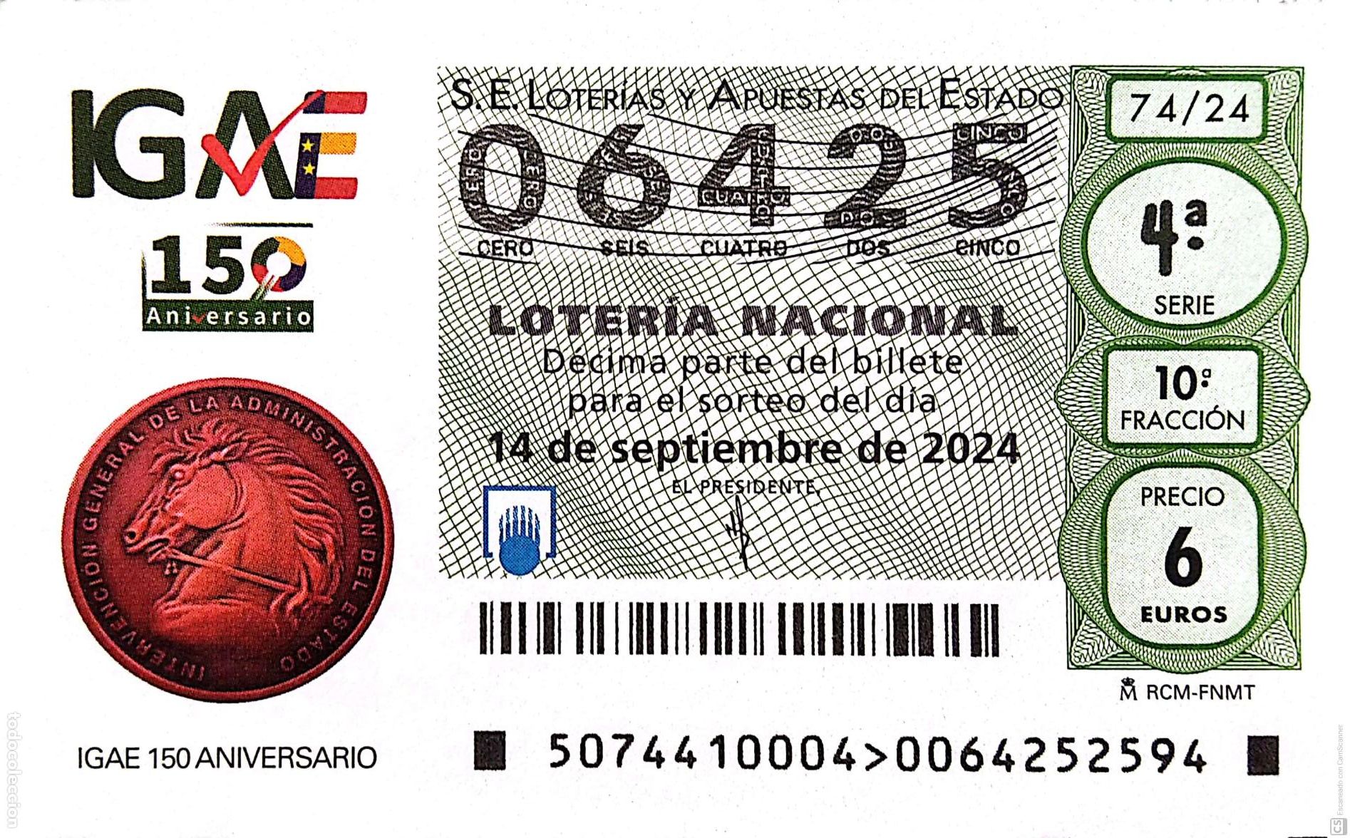 National Spanish Lottery: Espa&ntilde;a. Loter&iacute;a. 2024. Sorteo: 74 IGAE 150 Aniversario. Fecha: 14 septiembre