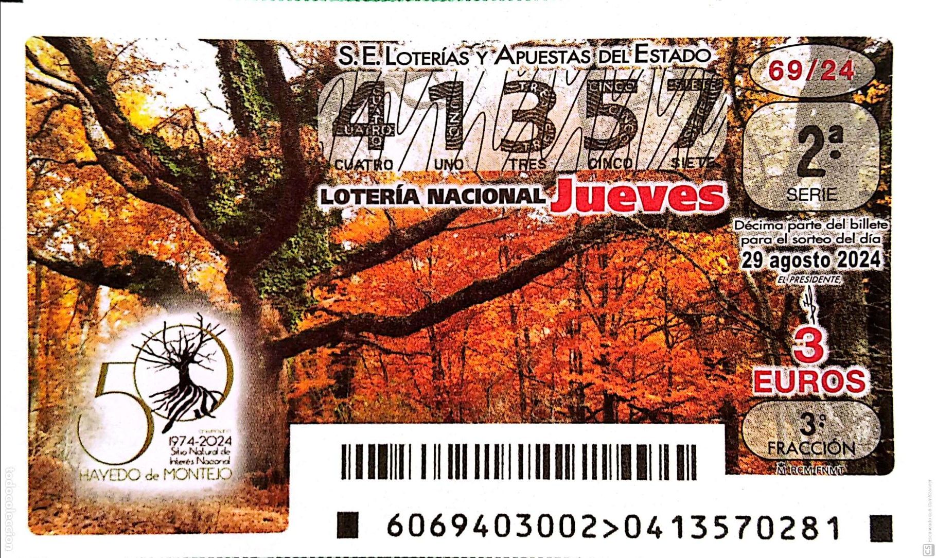 National Spanish Lottery: Espa&ntilde;a. Loter&iacute;a. 2024. Sorteo: 69 Hayedo de Montejo. Sitio Natural de inter&eacute;s Nacional. Fecha: 29 a