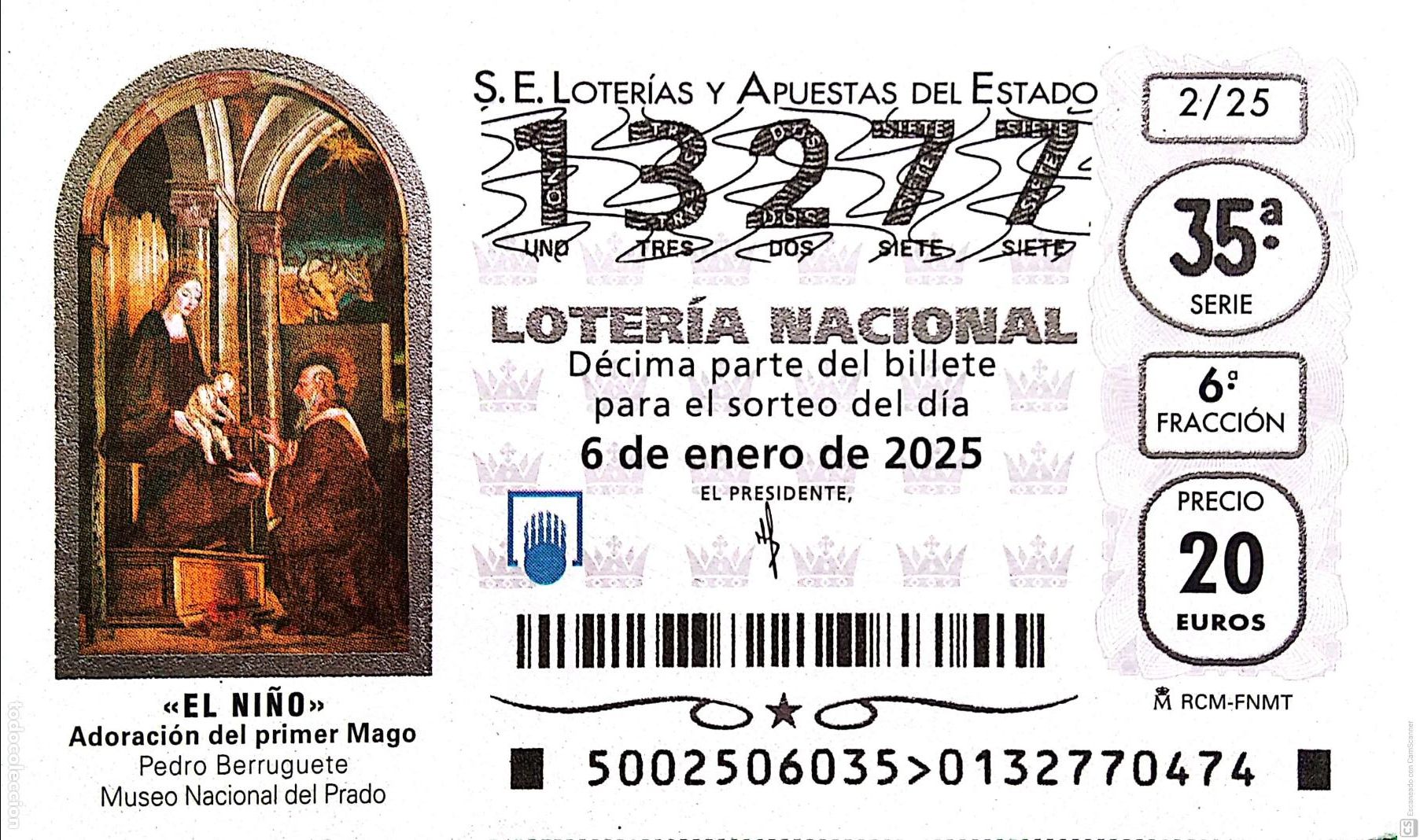 National Spanish Lottery: Espa&ntilde;a. Loter&iacute;a. 2024. Sorteo: 102 Navidad: La Natividad de Francisco y Rodrigo de Osona. Fecha: 22