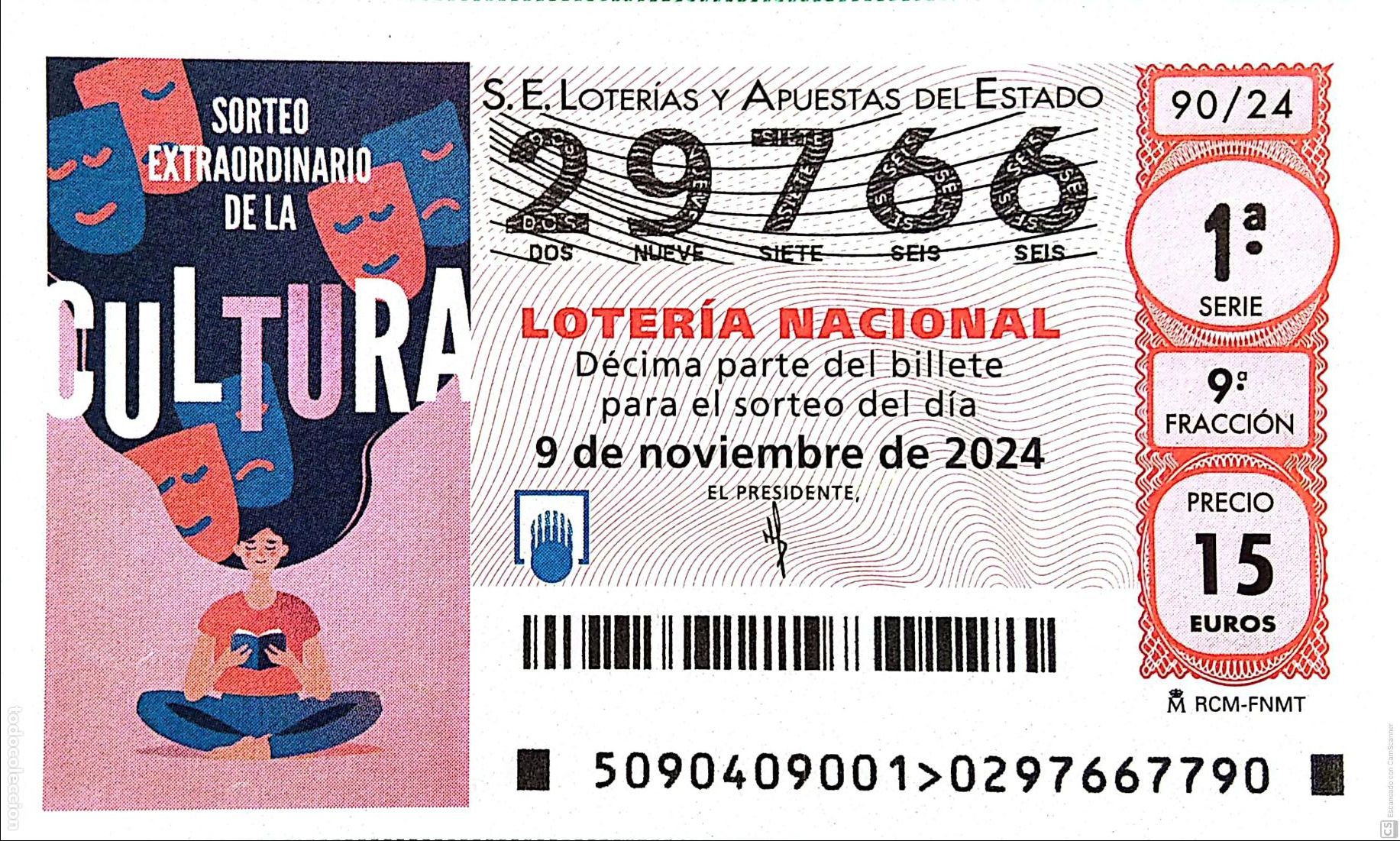 National Spanish Lottery: Espa&ntilde;a. Loter&iacute;a. 2024. Sorteo: 90 Sorteo Extraordinario de la Cultura. Fecha: 9 noviembre