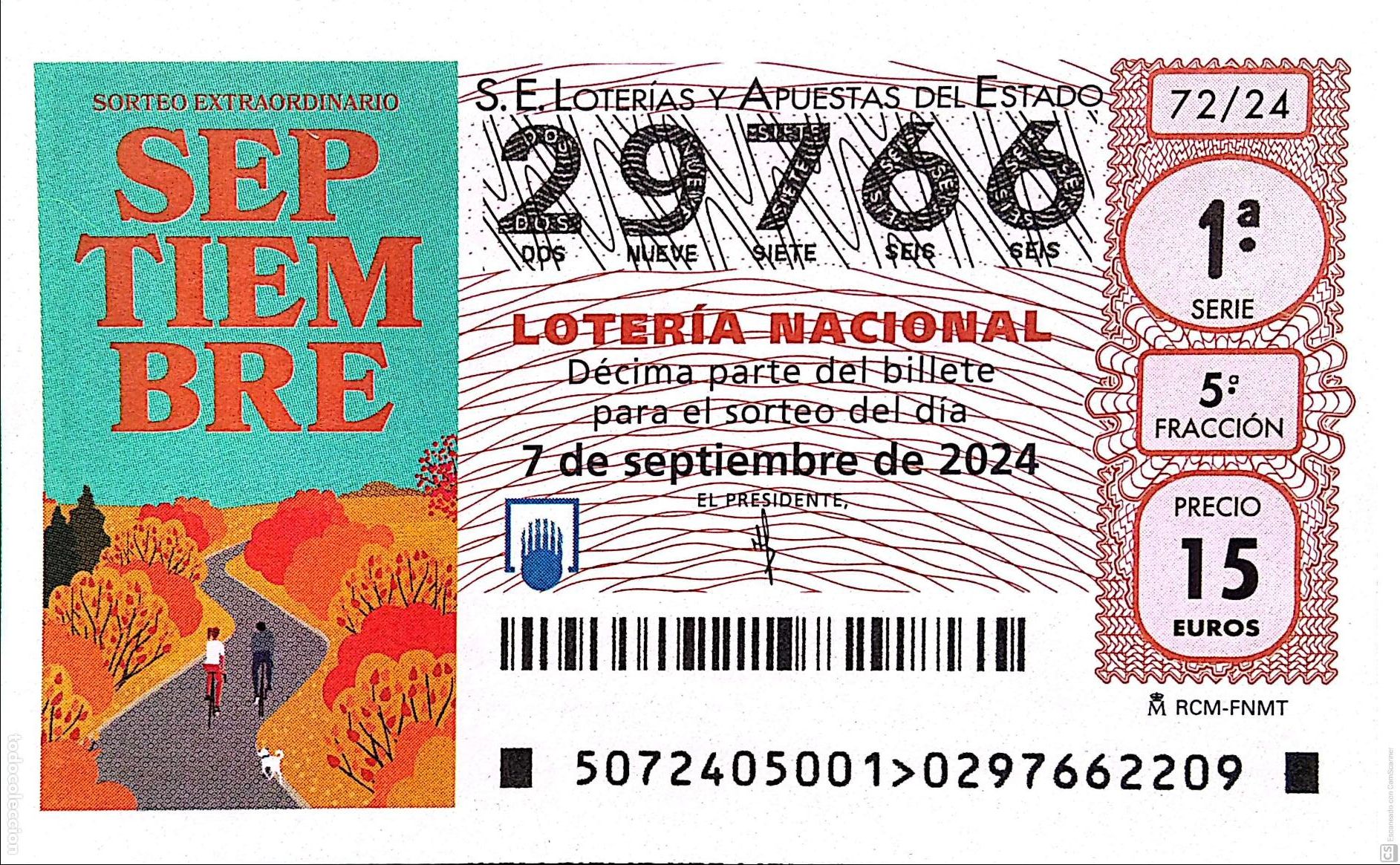 National Spanish Lottery: Espa&ntilde;a. Loter&iacute;a. 2024. Sorteo: 72 Sorteo Extraordinario Septiembre. Fecha: 7 septiembre