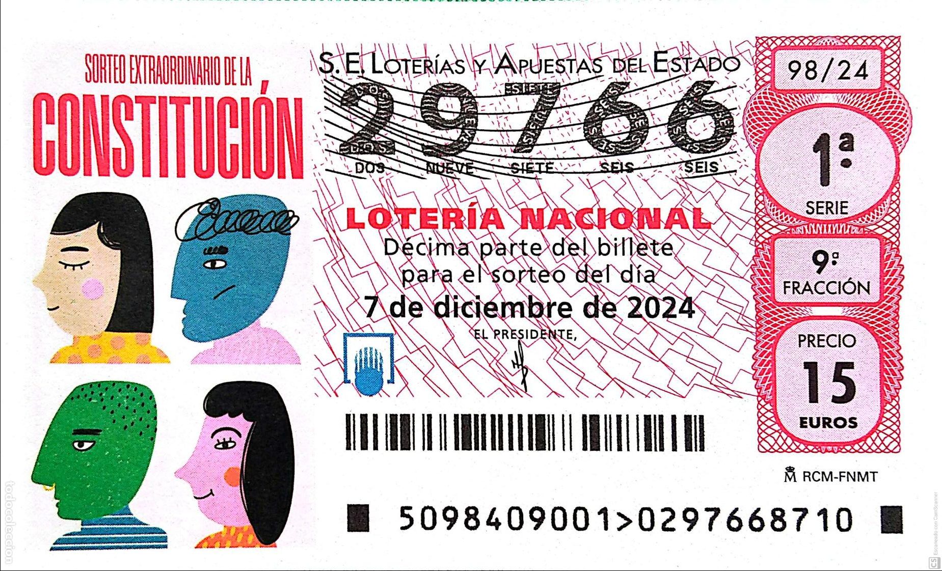 National Spanish Lottery: Espa&ntilde;a. Loter&iacute;a. 2024. Sorteo: 98 Sorteo extraordinario de la Constituci&oacute;n. Fecha: 7 diciembre