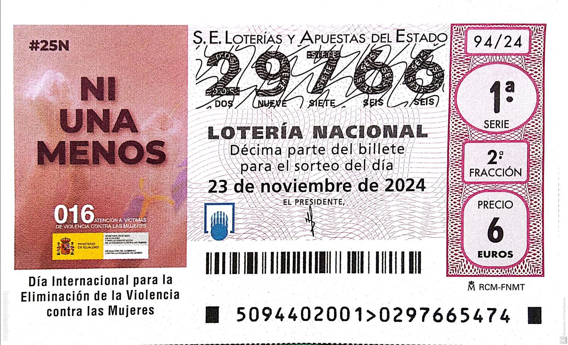 National Spanish Lottery: Espa&ntilde;a. Loter&iacute;a. 2024. Sorteo: 94 D&iacute;a Internacional para la Eliminaci&oacute;n de la Violencia contra las M