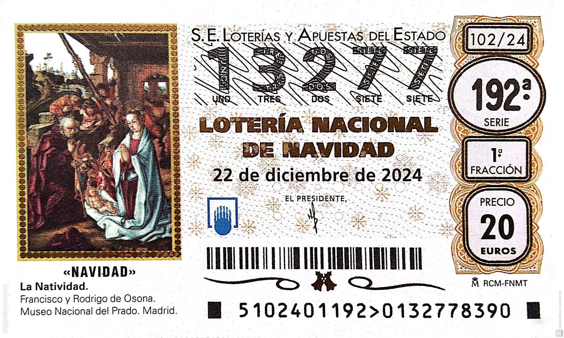 National Spanish Lottery: Espa&ntilde;a. Loter&iacute;a. 2024. Sorteo: 102 Navidad: La Natividad de Francisco y Rodrigo de Osona. Fecha: 22