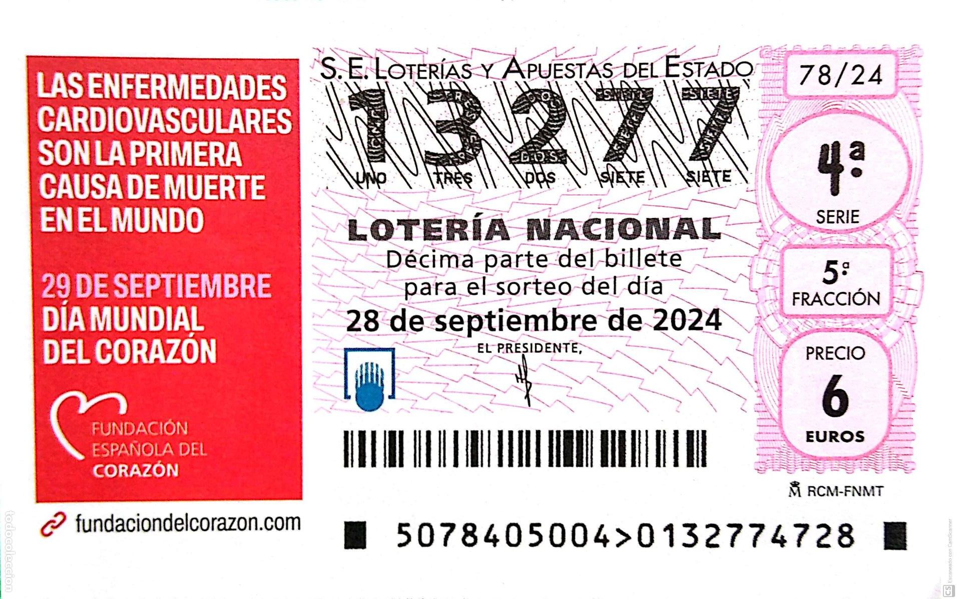 National Spanish Lottery: Espa&ntilde;a. Loter&iacute;a. 2024. Sorteo: 78 D&iacute;a Mundial del Coraz&oacute;n. Fecha: 28 septiembre
