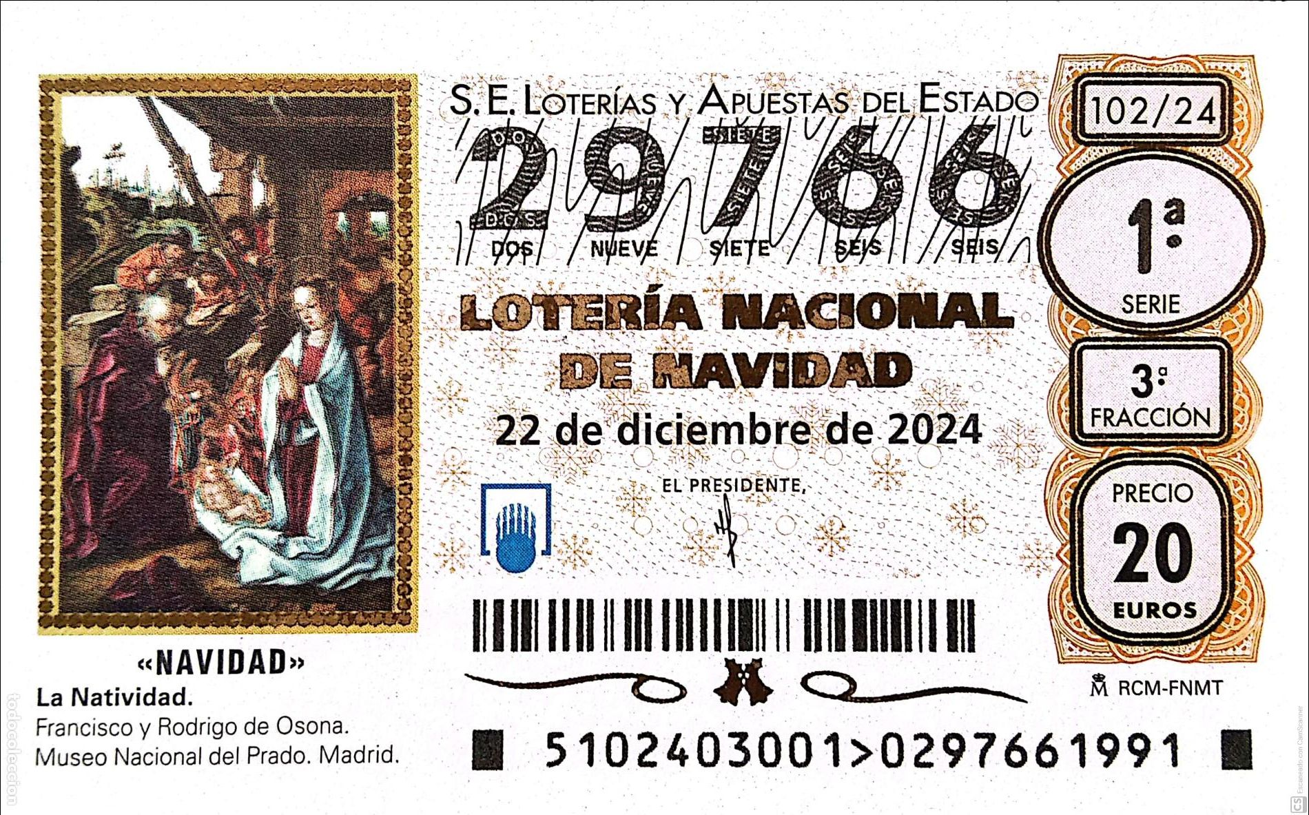National Spanish Lottery: Espa&ntilde;a. Loter&iacute;a. 2024. Sorteo: 102 Navidad: La Natividad de Francisco y Rodrigo de Osona. Fecha: 22