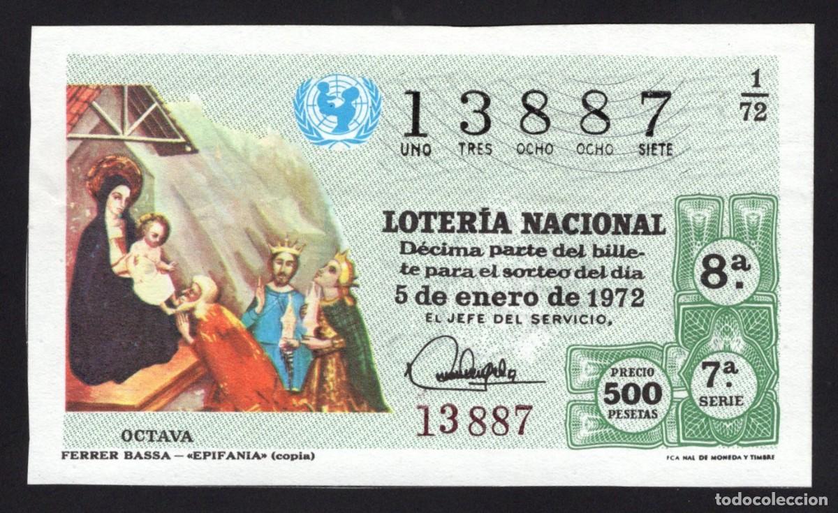 National Spanish Lottery: L. Nacional 5 Enero de 1972. Epifan&iacute;a. N&ordm; 13887. Admon 36 El Carmen. Madrid. Desaparecida.