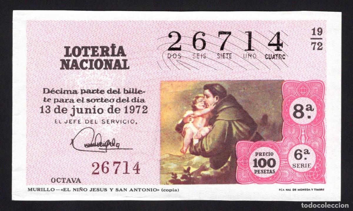 National Spanish Lottery: L. Nacional. El Ni&ntilde;o Jes&uacute;s y S. Antonio. Murillo. 13 Junio 1972. N&ordm; 26714. Admo n&ordm; 86 Madrid. Desapa