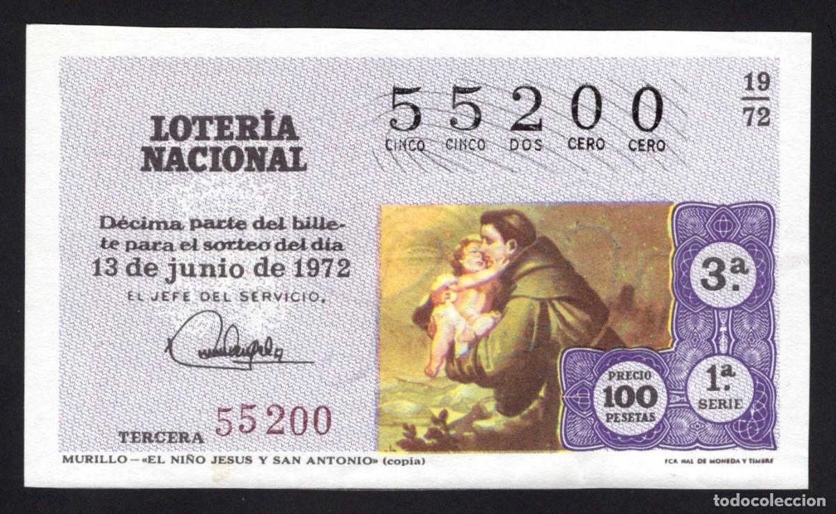 National Spanish Lottery: L. Nacional. El Ni&ntilde;o Jes&uacute;s y S. Antonio. Murillo. 13 Junio 1972. N&ordm; 55200. Admon 7 La Manchega Alica