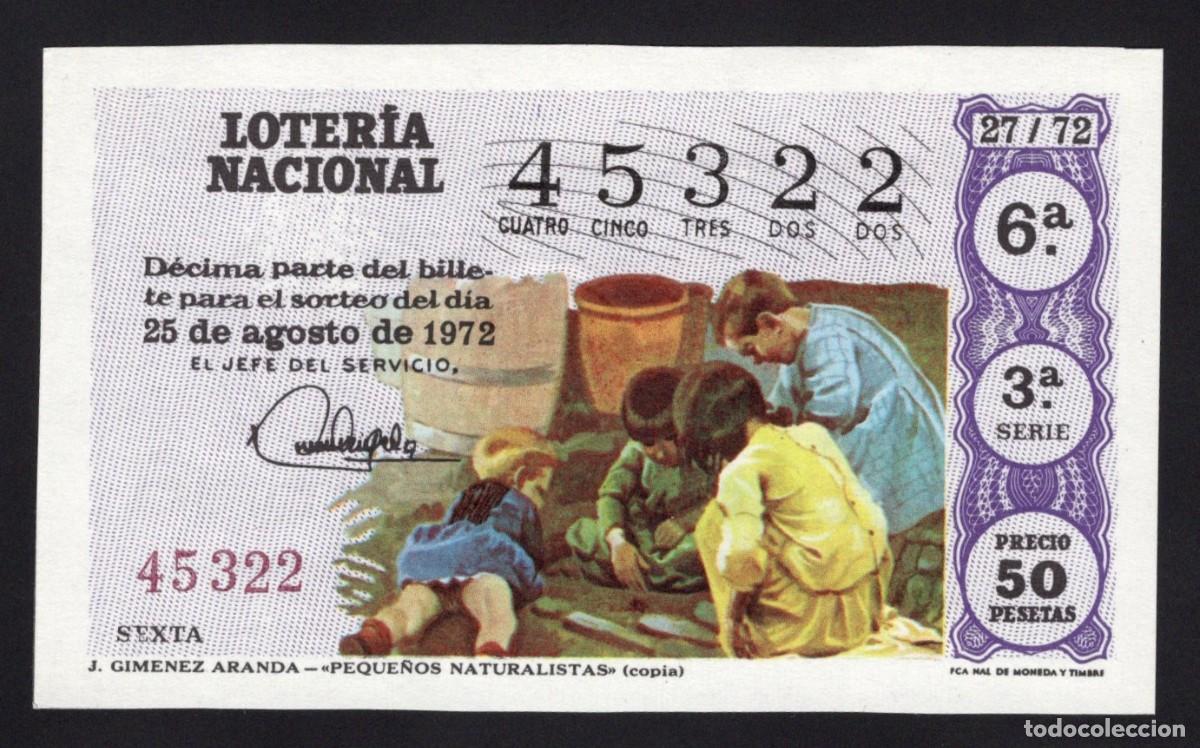 National Spanish Lottery: L. Nacional. Peque&ntilde;os Naturalistas. Gim&eacute;nez Aranda. 25 Agosto 1972. N&ordm; 45322. Admon n&ordm; 13 Madrid.