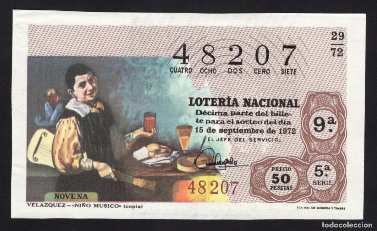 Loter&iacute;a Nacional: L. Nacional. Ni&ntilde;o M&uacute;sico. Vel&aacute;zquez. 15 Septiembre 1972. N&ordm; 48207. Adm&oacute;n n&ordm; 14 San Sebasti&aacute;n. Desapa