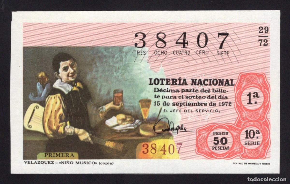 National Spanish Lottery: L. Nacional. Ni&ntilde;o M&uacute;sico. 15 Septiembre 1972. N&ordm; 38407. Admon Do&ntilde;a Manolita. Madrid.