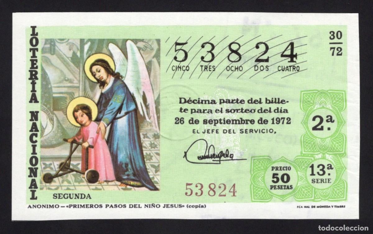 National Spanish Lottery: L. Nacional. Primeros Pasos del Ni&ntilde;o Jes&uacute;s. An&oacute;nimo. 26 Septiembre 1972. N&ordm; 53824. Adm&oacute;n 76 Madrid