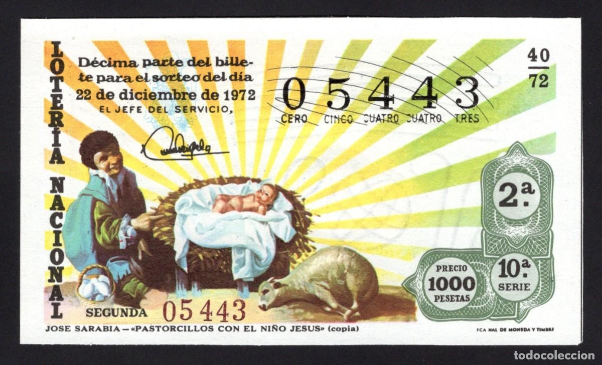 National Spanish Lottery: L. Nacional. Navidad. Pastorcillos y Ni&ntilde;o Jes&uacute;s. 22 diciembre 1972. N&ordm; 05443. Adm&oacute;n Do&ntilde;a Manolita Ma