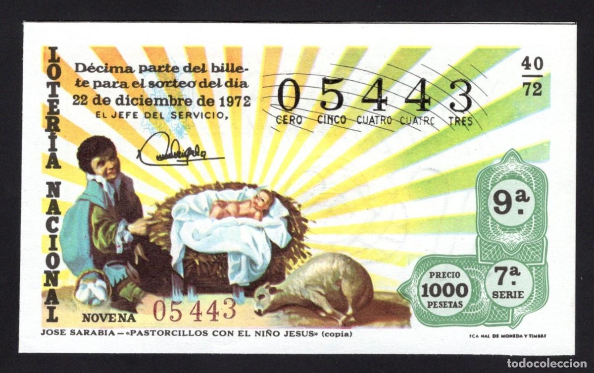 National Spanish Lottery: L. Nacional. Navidad. Pastorcillos y Ni&ntilde;o Jes&uacute;s. 22 diciembre 1972. N&ordm; 05443. Adm&oacute;n Do&ntilde;a Manolita Ma