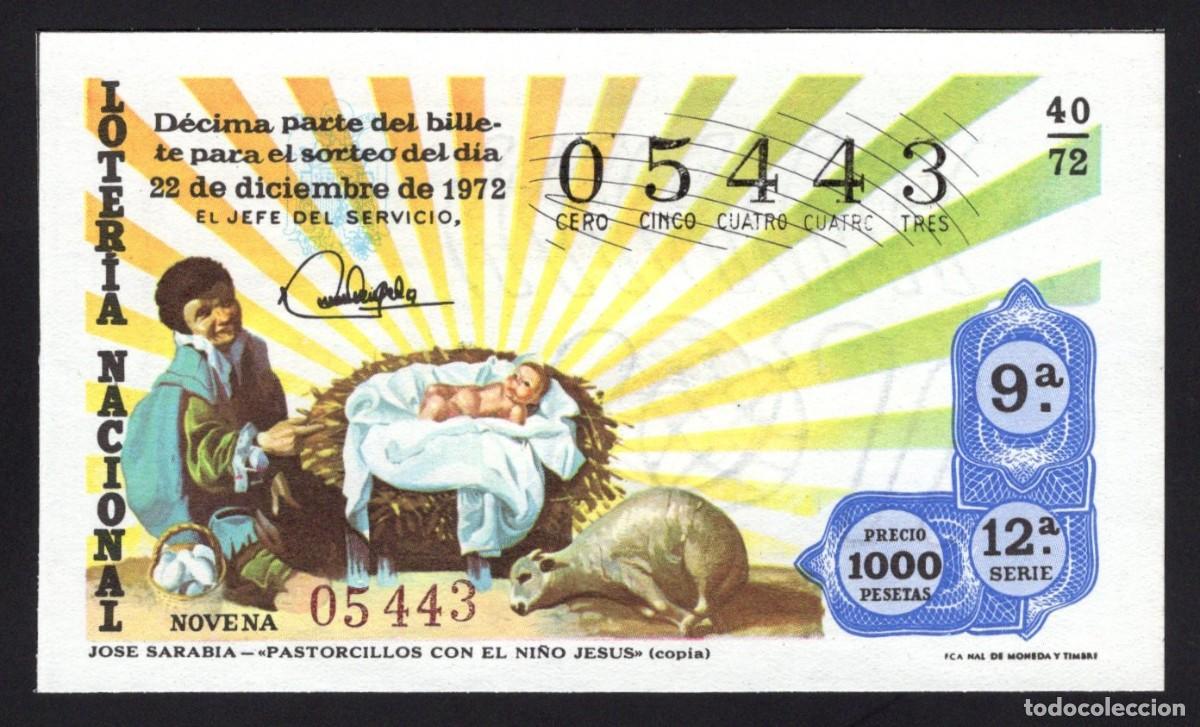 National Spanish Lottery: L. Nacional. Navidad. Pastorcillos y Ni&ntilde;o Jes&uacute;s. 22 diciembre 1972. N&ordm; 05443. Adm&oacute;n Do&ntilde;a Manolita Ma