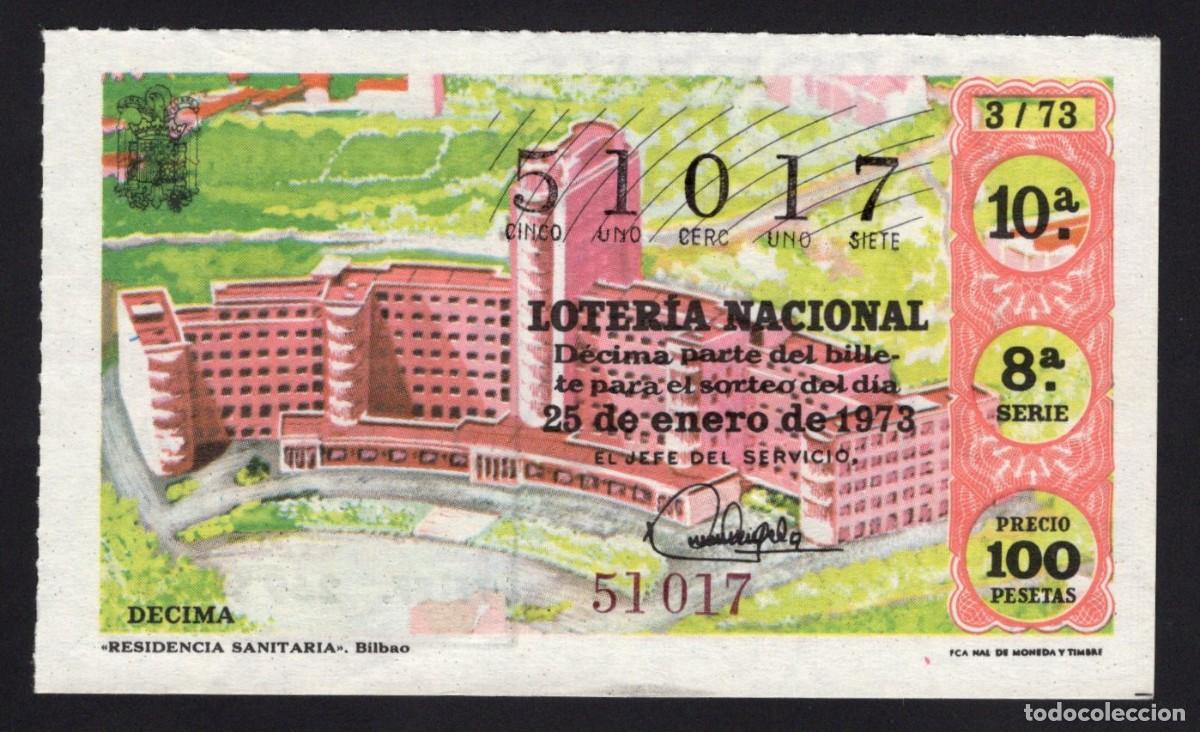 National Spanish Lottery: L. Nacional 25 Enero 1973. Residencia Sanitaria. Bilbao. Adm&oacute;n. 81 Usera. N&ordm; 51017. Desaparecida.