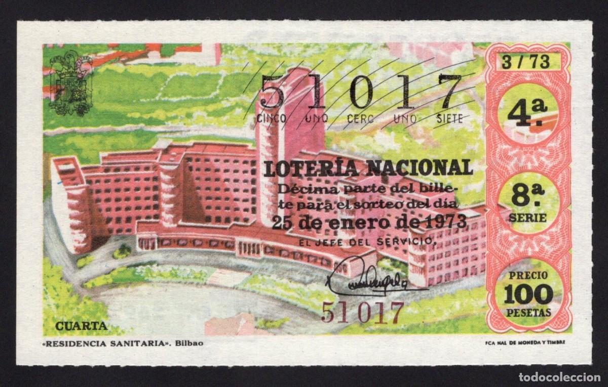 National Spanish Lottery: L. Nacional 25 Enero 1973. Residencia Sanitaria. Bilbao. Admon. n&ordm; 81 Usera. N&ordm; 51017. Desaparecida.
