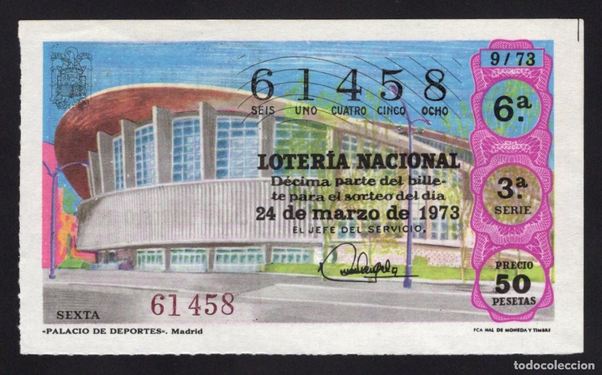 National Spanish Lottery: L. Nacional 24 Marzo 1973. Palacio de Deportes. Madrid. N&ordm; 61458 Admon. n&ordm; 81. Usera. Madrid.