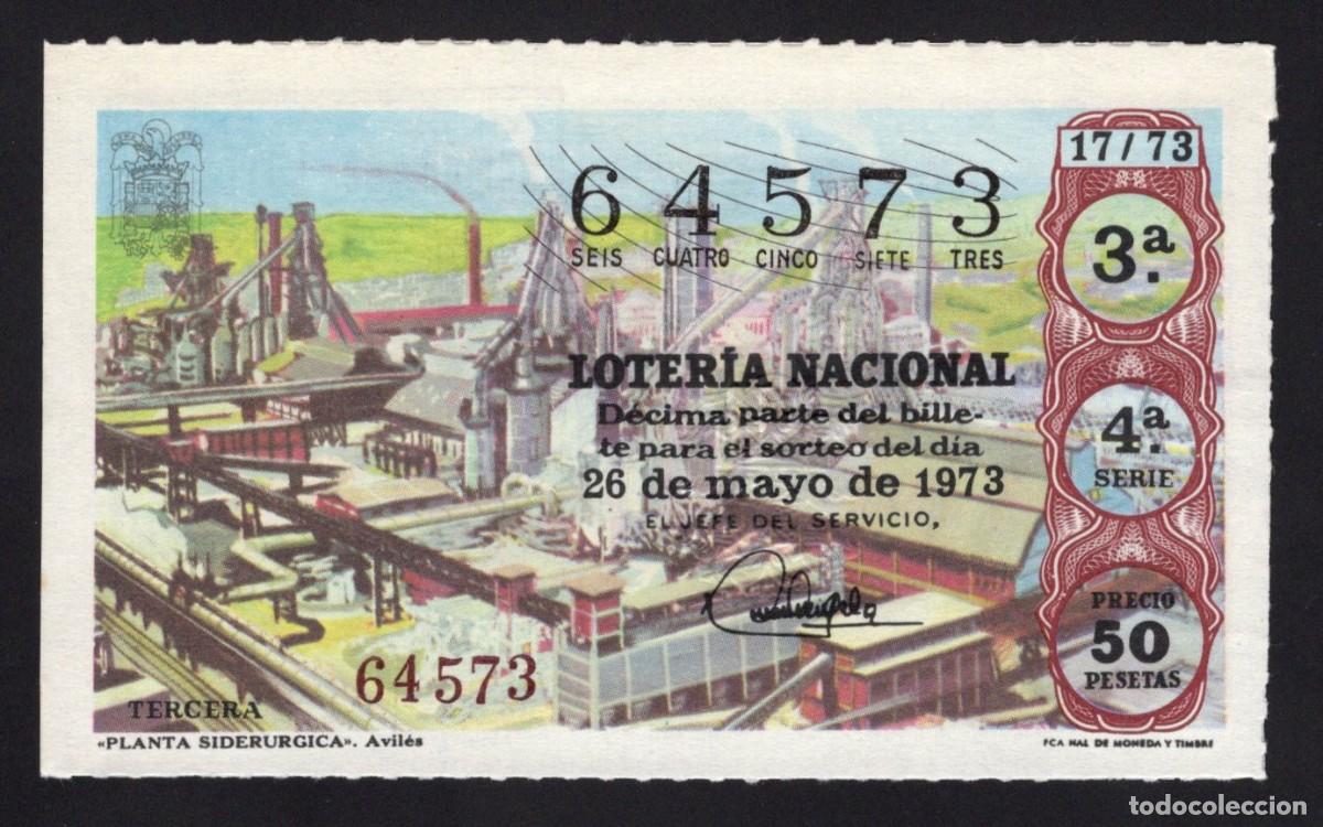 National Spanish Lottery: L. Nacional 26 mayo 1973. Planta Sider&uacute;rgica. Avil&eacute;s. N&ordm; 64573. Admon. n&ordm; 81. Usera. Madrid. Desapar