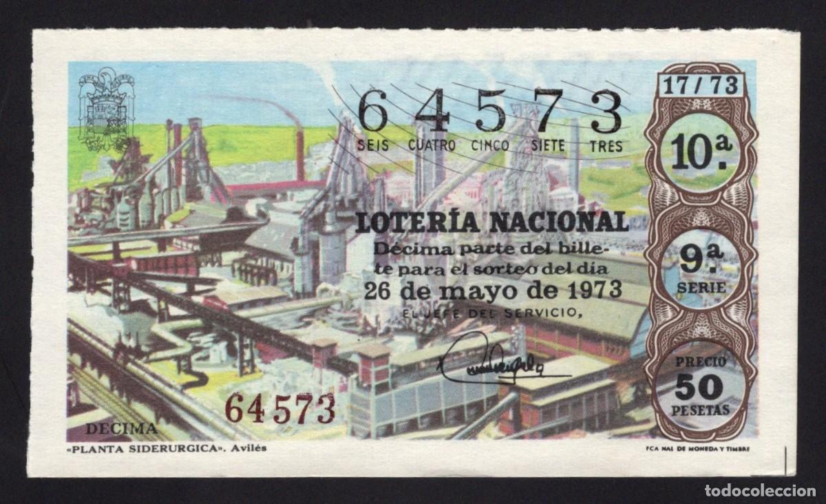 National Spanish Lottery: L. Nacional 26 mayo 1973. Planta Sider&uacute;rgica. Avil&eacute;s. N&ordm; 64573. Admon. n&ordm; 81. Usera. Madrid. Desapar