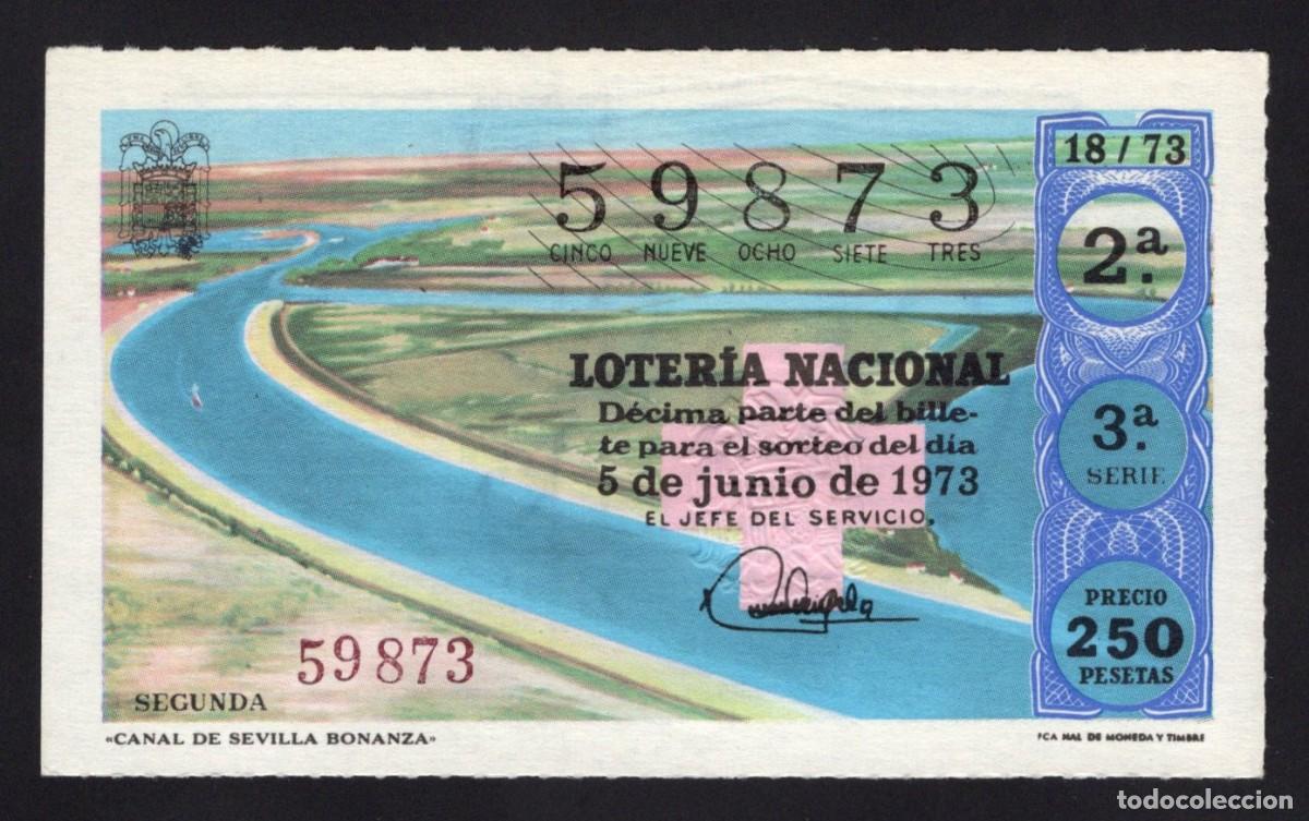 National Spanish Lottery: L. Nacional 5 Junio 1973. C. de Sevilla Bonanza. N&ordm; 37808. Admon n&ordm; 65, Embajadores. Madrid.