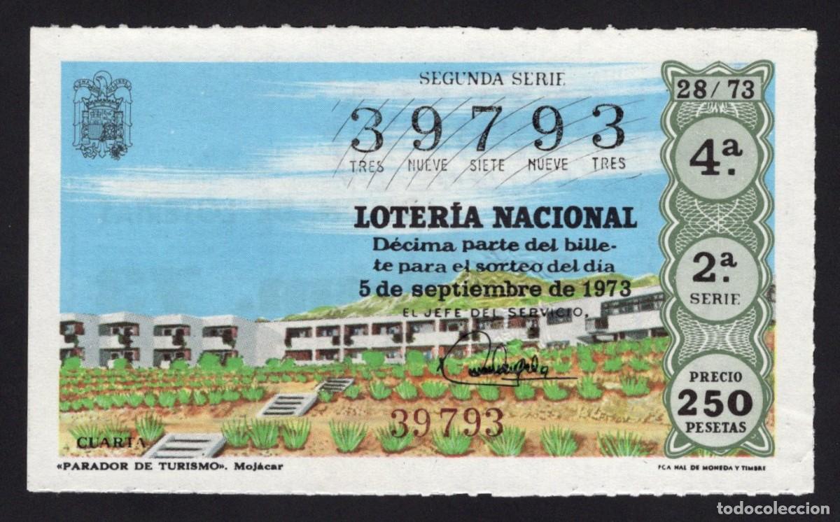 National Spanish Lottery: L. Nacional. Parador Turismo. Mojacar. 5 Septiembre 1973. N&ordm; 39793. Capic&uacute;a. Admon n&ordm; 73. Madrid.