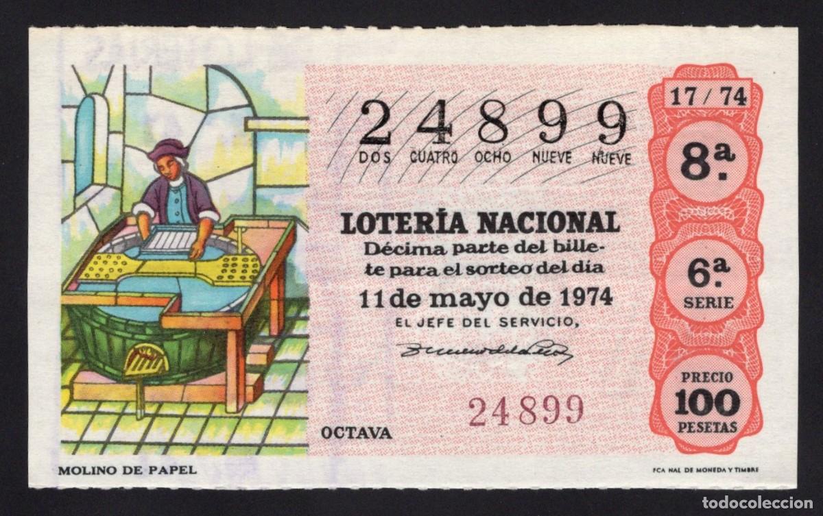 Nationale spanische Lotterie: L. Nacional 11 Mayo 1974. Molino de Papel. N&ordm; 24899. Adm&oacute;n. n&ordm; 41 Cartagena.