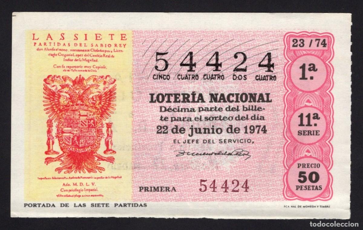 Nationale spanische Lotterie: L. Nacional 22 Junio 1974. Portada de las Siete Partidas. N&ordm; 54424. Adm&oacute;n 2 San Luis. Madrid.