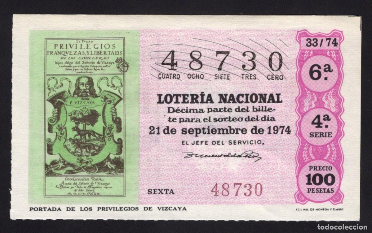 Nationale spanische Lotterie: L. Nacional 21 septiembre 1974. Portada de los Privilegios de Vizcaya. N&ordm; 48730. Admon 81 Madrid