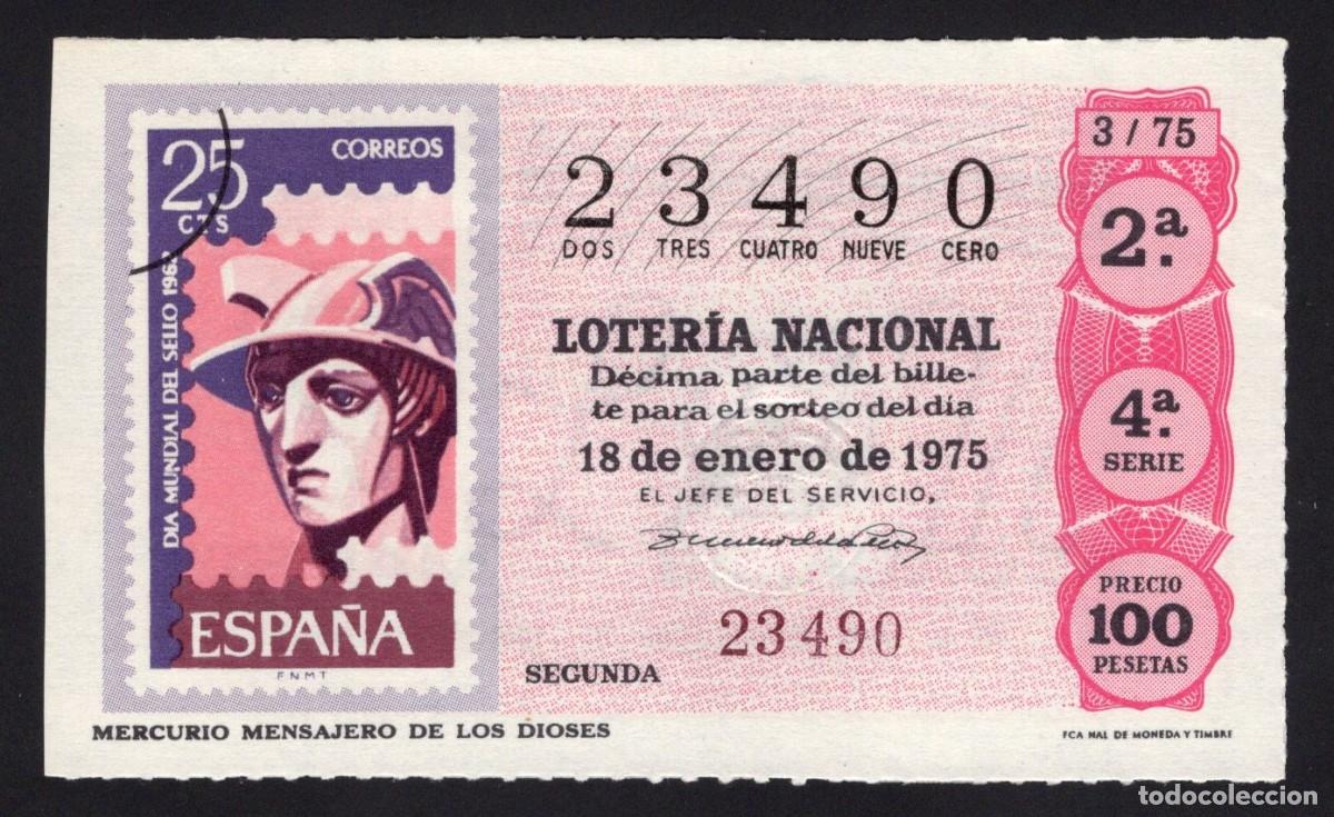 Nationale spanische Lotterie: L. Nacional 18 Enero 1975. Patinadora Sobre Hielo. N&ordm; 23490. Admon n&ordm; 13 Madrid. Desaparecida.